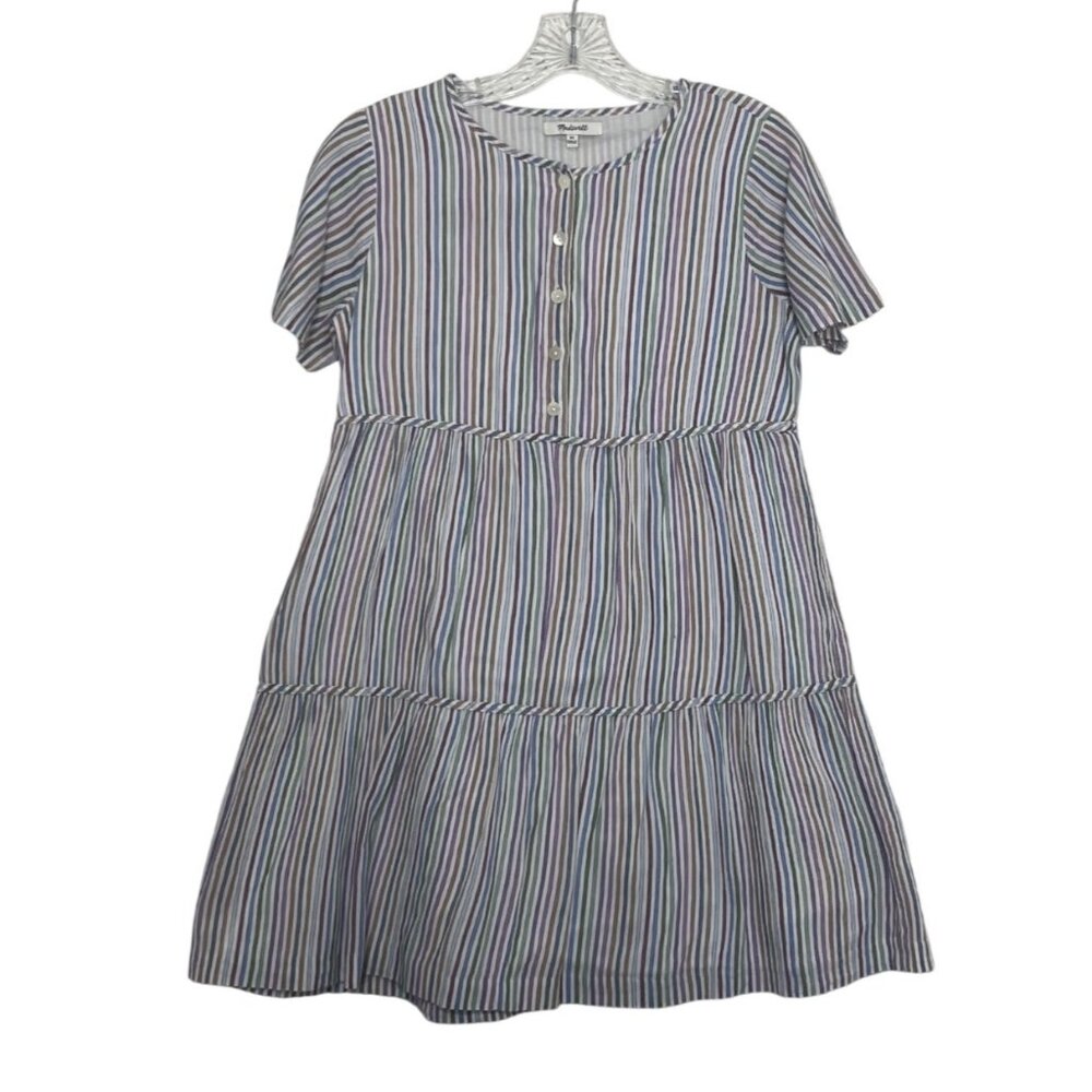 Madewell Tiered Short Sleeve Dress Cotton XS Multicolor Striped Summer Spring